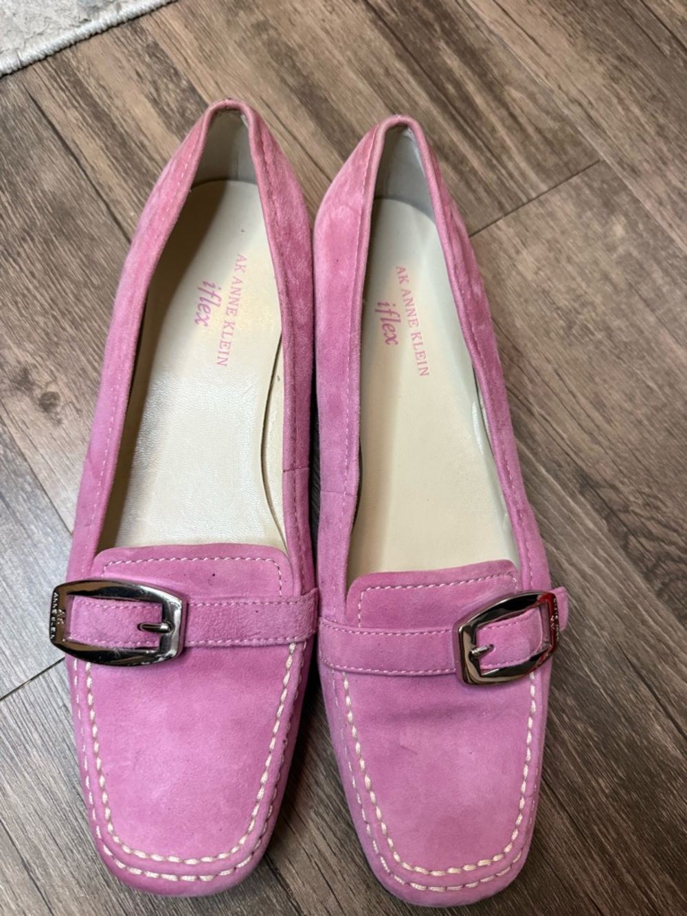 Anne Klein Pink Suede Loafers with Buckle Accent